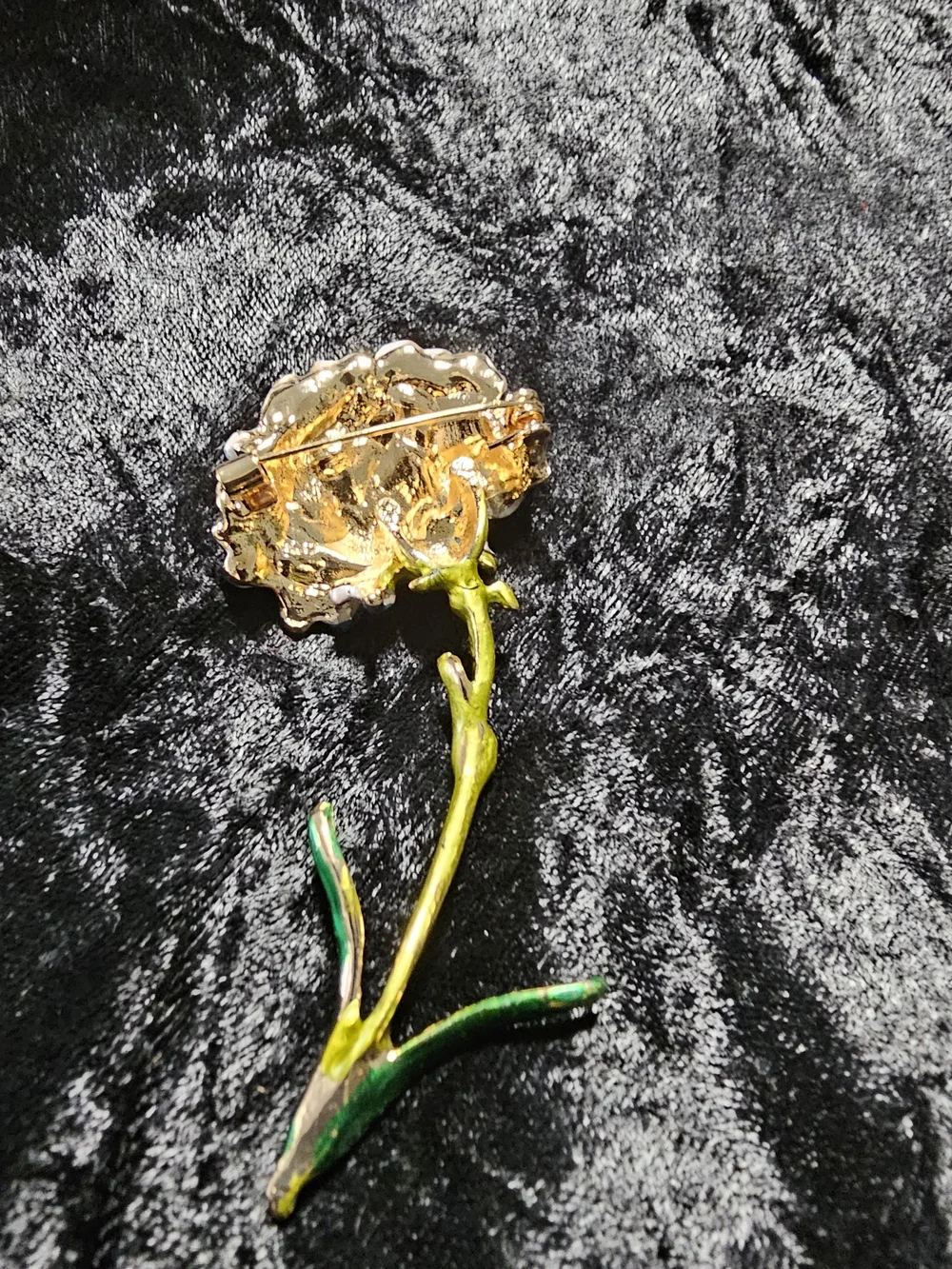 Enamel Flower Brooch in White and Teal with Green Stem
